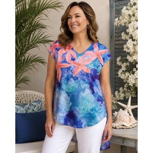 Art & Sol Top Womens XL Blue Purple Watercolor Floral High Low Tropical NWT